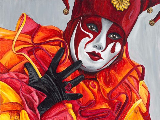 Orange and Red Carnival Jester 24 X 18 X 1.5 Original SOLD. Acrylic on Canvas with Glitter Accents. 